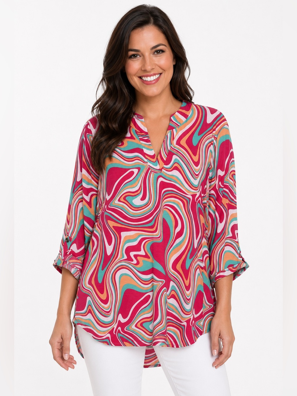Dear Scarlett Women’s Multicolor Swirl Roll-Tab Tunic Blouse Size L
